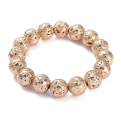 Light Gold Plated Electroplated Natural Lava Rock Beads Stretch Bracelets, Long-Lasting Plated, Round, Light Gold Plated, 2-1/4 inch(5.6cm), Bead: 10.5mm
