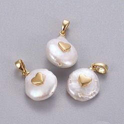 Doré  Pendentifs de perles d'eau douce de culture naturelle, avec les accessoires en laiton, pépites avec le coeur, plaqué longue durée, or, 17~27x12~16x6~12mm, Trou: 4x2.5mm