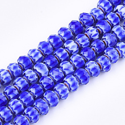 Bleu Chapelets de perles en verre, facette, Rondelle avec des fleurs, bleu, 7.5~8x5.5mm, Trou: 1~1.5mm, Environ 74 pcs/chapelet, 16.1 pouce