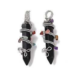 Obsidian Natural Obsidian Pointed Big Pendants, with Platinum Plated Rack Plating Brass Findings and Mixed Stone Chip Beads, Cadmium Free & Lead Free, Faceted, Bullet Charm, 64~68x16~17x16~17mm, Hole: 7.5mm