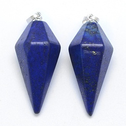 Lapis Lazuli Natural Lapis Lazuli Pointed Pendants, with Brass Findings, Bullet, Dyed, Platinum, 38.5x16x14.5mm, Hole: 5x8mm