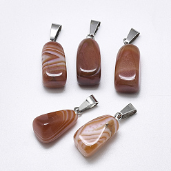 Sienna Natural Banded Agate/Striped Agate Pendants, Dyed, with Stainless Steel Snap On Bails, Cuboid, Stainless Steel Color, Sienna, 20~23x9~13x9~13mm, Hole: 3~4x7~8.5mm
