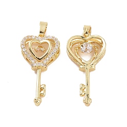 Real 18K Gold Plated Brass Micro Pave Clear Cubic Zirconia Pendants, Heart Key Charm, Real 18K Gold Plated, 25.5x13x5.5mm, Hole: 4x2.5mm