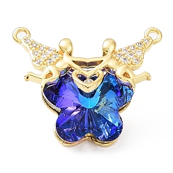 Medium Blue Glass Pendants, Butterfly Charms, with Real 18K Gold Plated Rack Plating Brass Micro Pave Clear Cubic Zirconia Angel, Long-Lasting Plated, Cadmium Free & Lead Free, Medium Blue, 23.5x29x12mm, Hole: 1.6mm