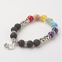 Lava Rock Natural Lava Rock & Gemstone Bead Charm Bracelets, Chakra Stretch Bracelets, with Alloy Findings and Brass Findings, Heart, 58mm(2-1/4 inch)