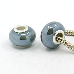Light Steel Blue Handmade Porcelain European Beads, with Silver Color Brass Double Cores, Rondelle, Light Steel Blue, 15x10~11mm, Hole: 5mm