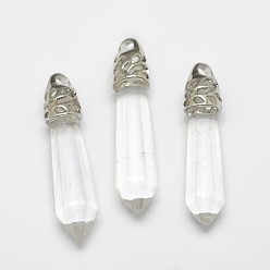 Clear Faceted Bullet Glass Pointed Pendants, with Platinum Plated Brass Findings, Clear, 34~45x8~10mm, Hole: 3mm