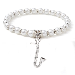 Musical Instruments Glass Pearl Beaded Stretch Bracelets, with Alloy Charms, Musical Instruments, Inner Diameter: 2-1/2 inch(6.2cm), Pendant: 27x17mm