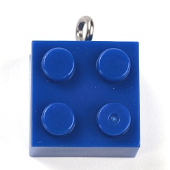 Azul Oscuro Colgantes de la resina, con lazo de hierro platino, ladrillos de juguete, azul oscuro, 21x15.5x11 mm, agujero: 2.6 mm
