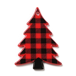 Red Christmas Theme Acrylic Pendants, Christmas Tree, Tartan, Red, 38.5x28x2.5mm, Hole: 1.6mm