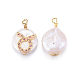 Taurus Natural Cultured Freshwater Pearl Pendants, with Brass Micro Pave Cubic Zirconia Findings, Nuggets with Constellation, Golden, Fuchsia, Taurus, 17~22x11~16x5~11mm, Hole: 1.6mm