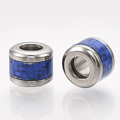 Blue 304 Stainless Steel Beads, with Fiber, Large Hole Beads, Column with Basket Weave Pattern, Stainless Steel Color, Blue, 10x8mm, Hole: 6mm