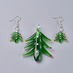 Green Christmas Handmade Lampwork Jewelry Sets, Dangle Earrings and Pendants, with Brass Earring Hooks and Jump Rings, Christmas Tree, Green, Earring: 46mm, Pin:0.6mm, Pendant: 54~58x40~46x11.5mm, Hole: 5mm