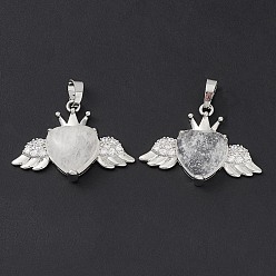 Quartz Crystal Natural Quartz Crystal Pendants, Rock Crystal Pendants, Heart Charms with Wings & Crown, with Platinum Tone Brass Crystal Rhinestone Findings, 26x35.5x8mm, Hole: 8x5mm