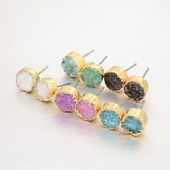 Mixed Color Flat Round Natural Druzy Agate Stud Earrings, with Golden Plated Brass Findings, Mixed Color, 10x6~7mm, Pin: 0.8mm
