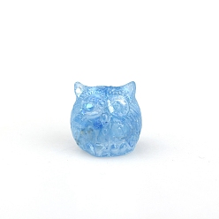 Aquamarine Owl Resin Figurines, with Natural Aquamarine Chips inside Statues for Home Office Decorations, 17~18.5x18.5x18mm