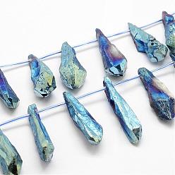 Синий Гальванические природный кристалл кварца бусы пряди, сверху просверленные бусы, окрашенные, слеза, синие, 27~34x8~12x5~9 мм, отверстие : 1.5 мм, около 22 шт / нитка, 14.3 дюйм
