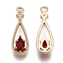 Red Brass Micro Pave Cubic Zirconia Pendants, with Glass, Teardrop, Long-Lasting Plated, Light Gold, Red, 17.5x6x2.5mm, Hole: 1mm