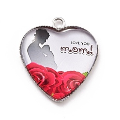 Cerise Mother's Day Alloy Pendants, with Glass, Platinum, Heart Charm with Word Mom, Cerise, 23x20.5x4mm, Hole: 2mm