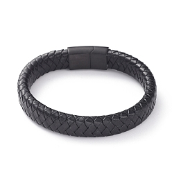 Negro Pulseras de tejido de cordón de cuero unisex, con cierres magnéticos de acero inoxidable chapado en metal 304, negro, 8-1/4 pulgada (21 cm), 12x6 mm