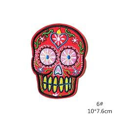 Red Sugar Skull Appliques for Cinco de Mayo, Computerized Embroidery Cloth Iron On/Sew On Patches, Costume Accessories, Red, 100x75~76mm