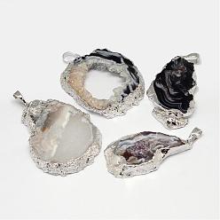 Серебро Импортный природный Geode Агат большие подвески, самородки, с латунной найти, серебряные, 35~71x15~35x5~8 мм, отверстие : 5x8 мм