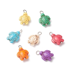 Platinum Dyed Synthetic Turquoise Pendants, with Platinum Tone Iron Loops, Tortoise Charms, Platinum, 22x14x7mm, Hole: 3mm