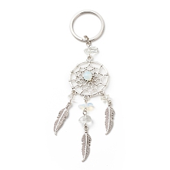 Opalite Opalite Keychain, with Iron, 304 Stainless Steel & Alloy Findings, Woven Net/Web with Feather, 11.4~11.8cm