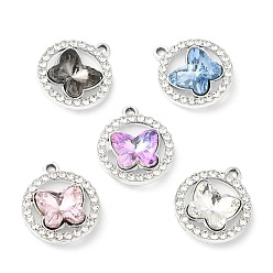 Platinum UV Plating Alloy Pendants, with Crystal Rhinestone and Glass, Cadmium Free & Lead Free, Flat Round with Butterfly Charms, Platinum, 19.5x16.5x6.5mm, Hole: 1.6mm