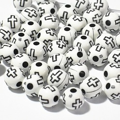 White Plating Acrylic Beads, Round with Cross, White, 8mm, 1800pcs/bag