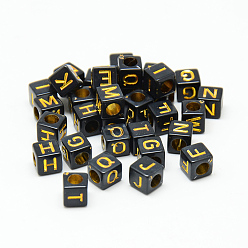 Golden Plated Opaque Plated Acrylic Beads, Metal Enlaced, Horizontal Hole, Mixed Letters, Cube, Golden Plated, 5.5~6x5.5~6x5.5~6mm, Hole: 3.5mm, about 3000pcs/500g