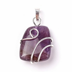 Amethyst Natural Amethyst Pendants, with Brass Findings, Trapezoid, Silver Color Plated, 32~33x21~23x10~11mm, Hole: 8x5mm
