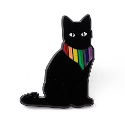 Cat Shape Pin de esmalte animal de la bandera del orgullo del color del arco iris, broches, Broche de aleación negra de electroforesis para ropa de mochila, Patrón de gato, 30x23x2 mm, pin: 1.2 mm