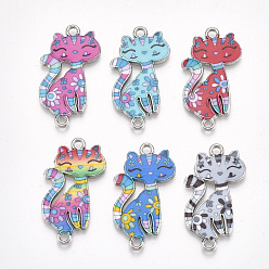 Mixed Color Printed Alloy Kitten Links connectors, with Enamel, Cartoon Cat, Platinum, Mixed Color, 29.5x16.5x2mm, Hole: 1.8mm