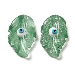 Sea Green Transparent Glass with Enamel Pendants, Leaf with Evil Eye Charms, Sea Green, 28x17x5.5~6mm, Hole: 1.2~1.4mm
