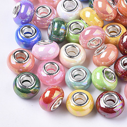 Mixed Color Opaque Resin European Beads, Large Hole Beads, Imitation Porcelain, with Platinum Tone Brass Double Cores, AB Color, Rondelle, Mixed Color, 14x9mm, Hole: 5mm