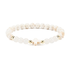 Blanc Bracelet extensible en perles de turquoise synthétique (teint), hématite et jade blanc naturel avec croix, bijoux en pierres précieuses pour femmes, blanc, diamètre intérieur: 2 pouce (5.2 cm)