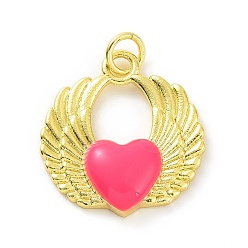 Hot Pink Rack Plating Brass Enamel Pendants, with Jump Ring, Long-Lasting Plated, Real 18K Gold Plated, Cadmium Free & Lead Free, Wing with Heart Charm, Hot Pink, 20.5x19x3.5mm, Jump Ring: 5x0.8mm, Inner Diameter: 3.5mm