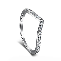 Clear Rhodium Plated 925 Sterling Silver Micro Pave Cubic Zirconia Finger Ring for Women, V-Shaped, with 925 Stamp, Real Platinum Plated, Clear, 1.3~4.5mm, US Size 7(17.3mm)