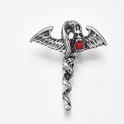 Antique Silver Alloy Big Pendants, with Rhinestone, Wing with Dragon, Light Siam, Antique Silver, 55x45.5x13mm, Hole: 8.5x6.5mm