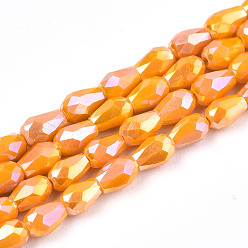 Orange Electroplate Glass Beads Strands, AB Color Plated, Faceted Teardrop, Orange, 4x3mm, Hole: 0.7mm, about 98~99pcs/strand, 16.54~16.92 inch(42~43cm)