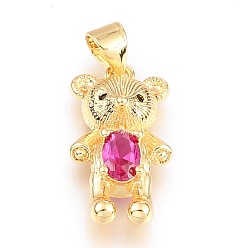 Deep Pink Brass Micro Pave Cubic Zirconia Pendants, Long-Lasting Plated, Inlay Bear Shape, Real 18K Gold Plated, Deep Pink, 21x10.8x5.4mm, Hole: 4x3mm
