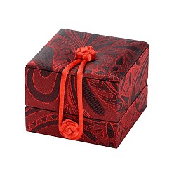 Roja India Cajas de anillo de seda bordada chinescas, con terciopelo y esponja, plaza, piel roja, 70x70x55 mm