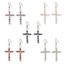 Mixed Stone Natural Mixed Stone Cross Dangle Earrings, Brass Wires Wrap Earrings for Women, 58.5~60mm