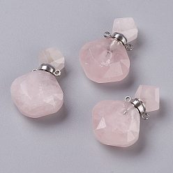 Rose Quartz Rhombus Natural Rose Quartz Perfume Bottle Pendants, with 304 Stainless Steel Findings, Faceted, Stainless Steel Color, 26~27x17~17.5x8~8.5mm, Hole: 1.4mm, Capacity: about 2ml(0.06 fl. oz)