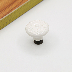 White Porcelain Cabinet Door Knobs, Kitchen Drawer Pulls Cabinet Handles, Flat Round with Flower Pattern, White, 34x32mm
