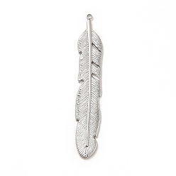 Stainless Steel Color 304 Stainless Steel Pendants, Feather Charms, Stainless Steel Color, 58.5x10x2mm, Hole: 1.5mm