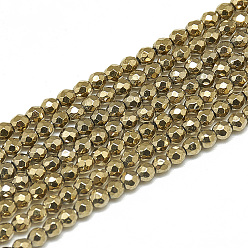 Or Brins de perles d'hématite synthétiques, facette, ronde, hématite amagnétique, or, 2~2.5mm, Trou: 0.3mm, Environ 189 pcs/chapelet, 15.4 pouce