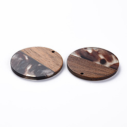 Sienna Transparent Resin & Walnut Wood Pendants, Two Tone, Flat Round, Sienna, 38.5x3mm, Hole: 2mm