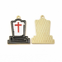 White Halloween Theme Rack Plating Spray Painted Alloy Enamel Pendants, Tomb with Cross Charms, Cadmium Free & Nickel Free & Lead Free, Light Gold, White, 25x19x3mm, Hole: 1.6mm